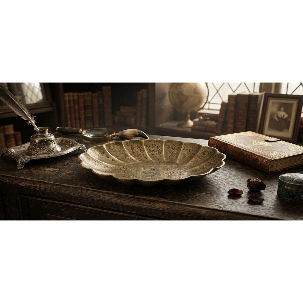 Vintage Etched Brass Scalloped Oval Tray India 2642 J Floral Trinket Dish 8in
